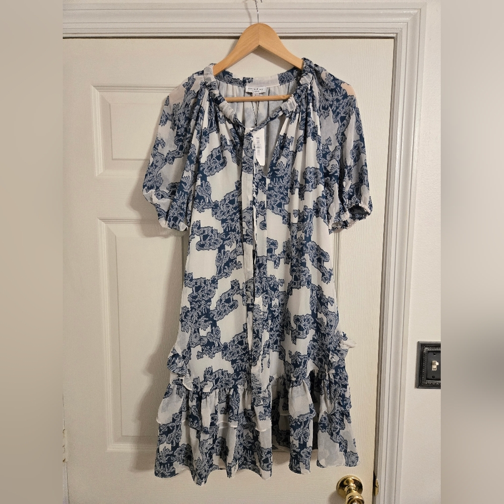 Current Air blue and white Dahlia Floral Print ruffle Dress size large NWT